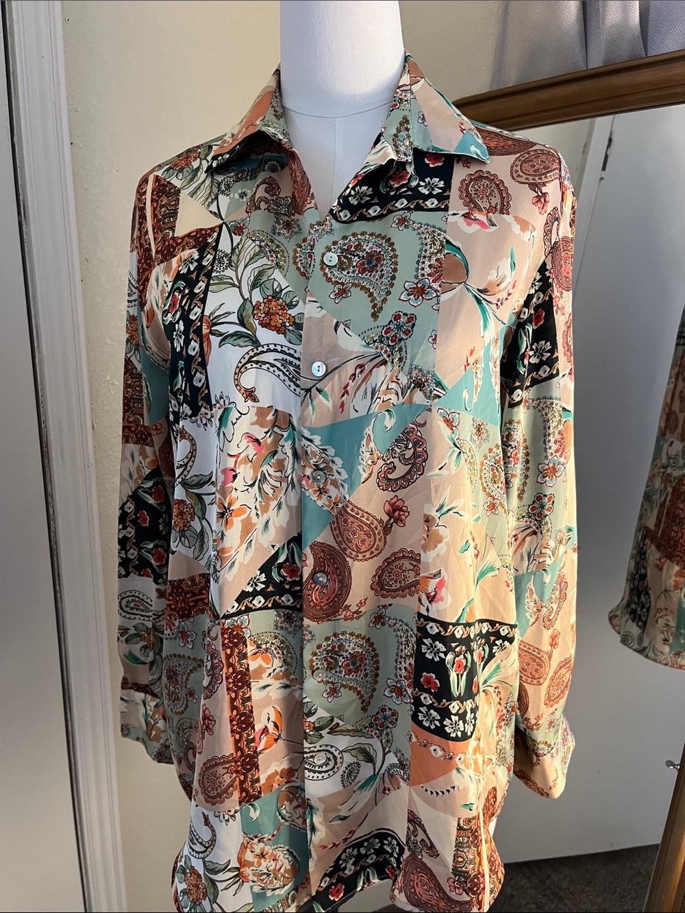 Zara Cream Paisley Button-Up Blouse with Teal & Rust Accents